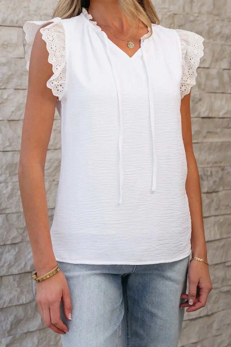 White Embroidered Ruffle Trim Textured Blouse for Women - Love Salve